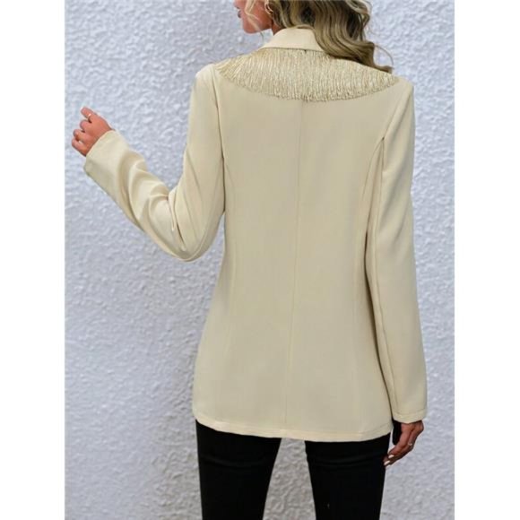Fringe Trim Plunging Neckline Blazer- Tan - Picture 2 of 6
